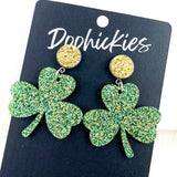 2" Gold & St. Paddy Glitter Shamrock Dangles -St. Paddy Acrylic Earrings