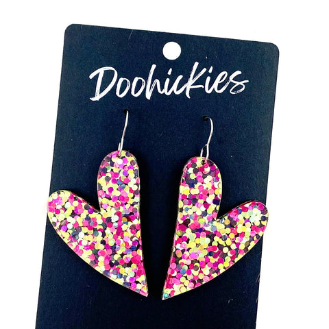 2.25" Pink & Gold Confetti Leaning Hearts -Valentine Acrylic Earrings