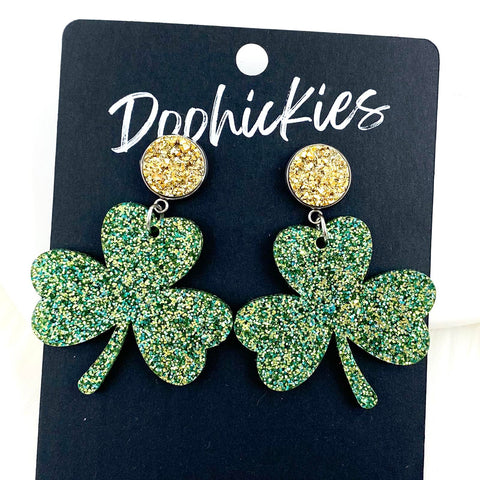 2" Gold & St. Paddy Glitter Shamrock Dangles -St. Paddy Acrylic Earrings