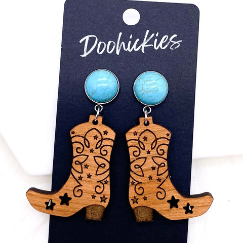 2" Turquoise & Walnut Cowgirl Boots -Western Earrings
