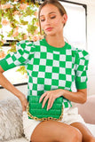 The Riley Green and White Checkered Knit Sweater Top w/ Puff Sleeves