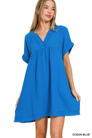 The Mila Ocean Blue Double Gauze V-Neck Dress