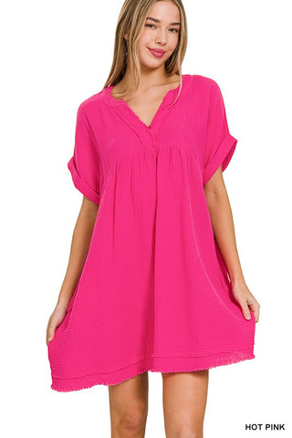 The Mila Hot Pink Double Gauze V-Neck Dress