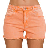 Acid Wash Frayed Hem Shorts: Orange