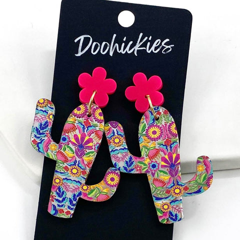 2.25" Fiesta Floral Cactus Acrylic Dangles -Cinco de Mayo Earrings
