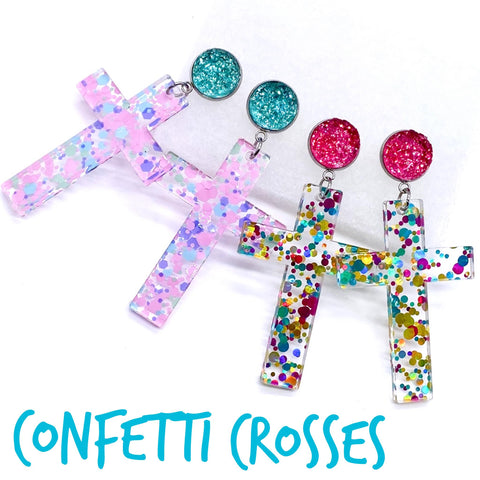2.5" Confetti Cross Acrylic Dangles -Religious Earrings