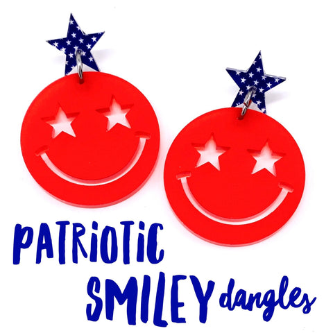 2" Patriotic Smiley Acrylic Dangles -Patriotic Earrings