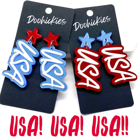 2" Layered USA Acrylic Dangles- Patriotic Earrings