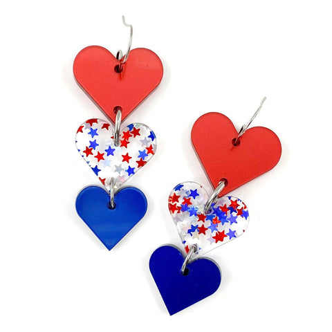 2.25" Freedom Reverse Waterfall Heart Acrylics -Patriotic Earrings