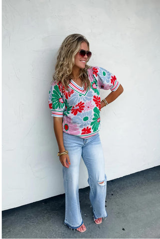 The GiGi Floral & Stripes Sweater Top (Green Flower)