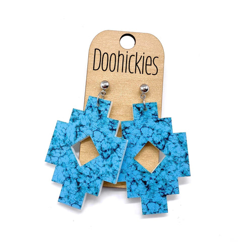 2.5" Silver and Turquoise Acrylic Aztec Dangles - Western Earrings