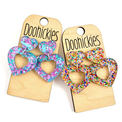 Chunky Confetti Double Cut Out Heart Acrylic Dangles Valentines Earrings (Copy)