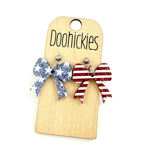Glitter Stars and Stripes Acrylic Bow Patriotic Dangle Earrings