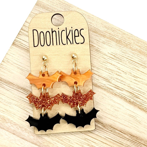 Orange and Black Triple Bat Dangles - Halloween Acrylic Earrings