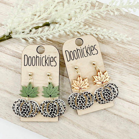 Fall Double Leaf and Pumpkin Dangle Acrylic Earrings