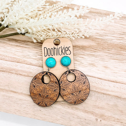 Turquoise and Walnut Etched Ava Dangle Western Earrings