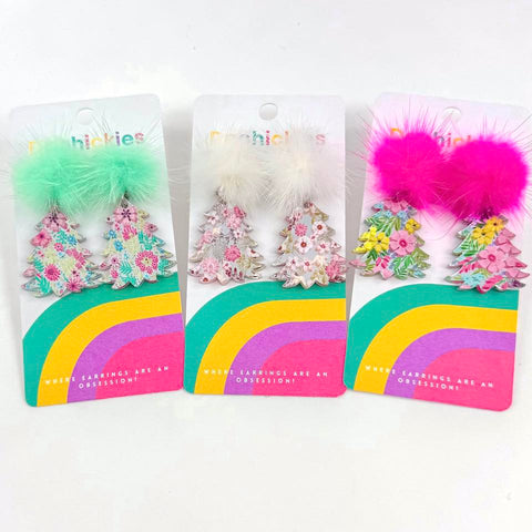 Pom Pom Floral Festive Trees - Christmas Acrylic Earrings