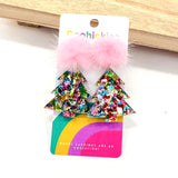 Pom Pom Glitter Christmas Trees Acrylic Earrings
