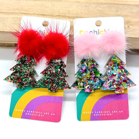 Pom Pom Glitter Christmas Trees Acrylic Earrings