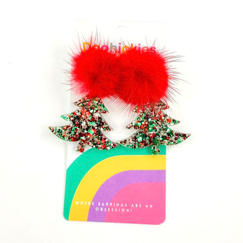 Red Pom Pom Christmas Glitter Swoopy Tree Acrylic Earrings