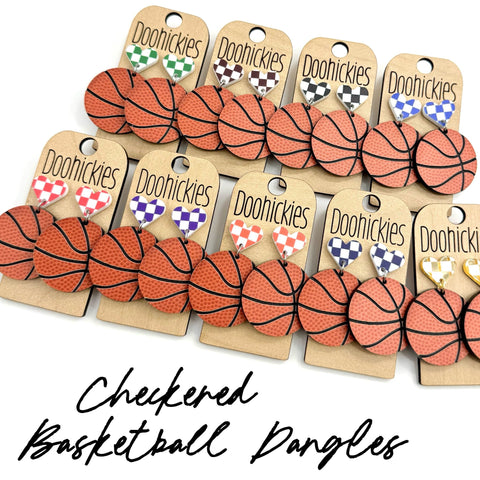 Checkered I Heart Basketball Dangles Sports Earrings