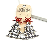 Houndstooth Christmas Tree Earrings w/ Red Mirror Bow - Cork