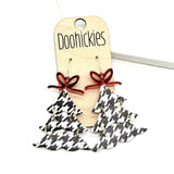 Houndstooth Christmas Tree Earrings w/ Red Mirror Bow - Cork