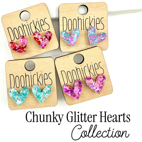 Chunky Glitter Swoopy Heart Studs Collection - Valentines Earrings