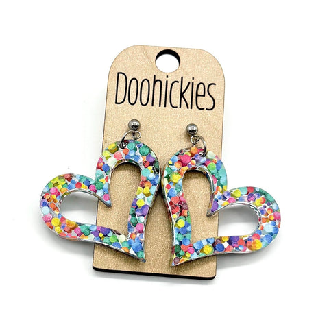 Bright Confetti Cutout Heart Dangles - Valentines Earrings