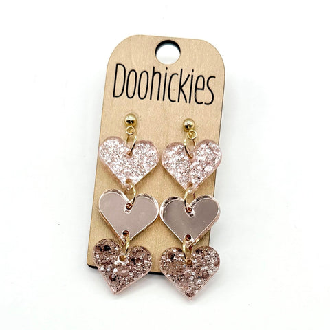 Rose Gold Shimmer Triple Heart Drops Collection - Valentines Earrings