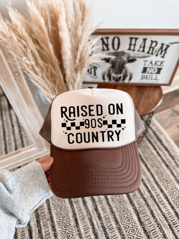 90s Country DTF Printed Brown & Tan Trucker Hat - PLEASE ALLOW 3-5 BUSINESS DAYS FOR SHIPPING