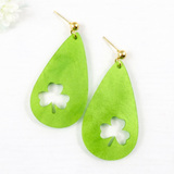 Lime Green Shimmer Cutout Shamrock Acrylic Teardrops - St. Patrick's Day Earrings