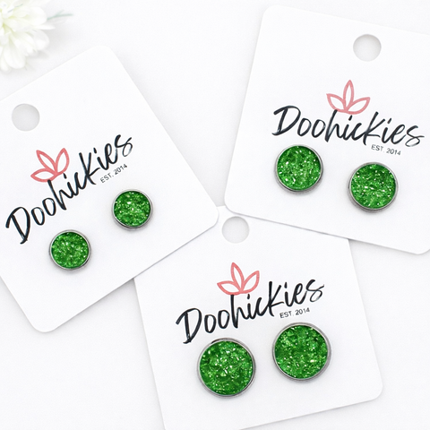 Green Sparkle Singles in Stainless Steel Settings -Earrings