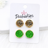 12mm Golden Leopard & Green Sparkles in Gold Settings