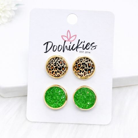 12mm Golden Leopard & Green Sparkles in Gold Settings