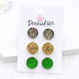 12mm Tan Leopard/Gold/Green Sparkles in Stainless Steel/Gold/Stainless Steel Settings