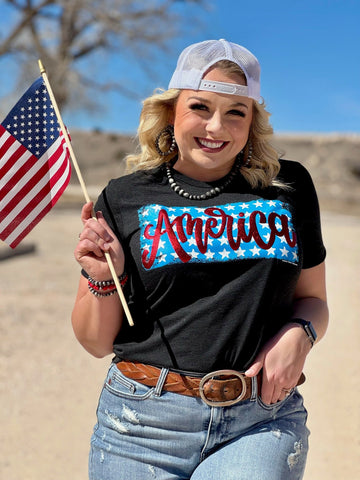 America on Stars in Red Metallic Puff Tee - PLEASE ALLOW 3-5 BUSINESS DAYS FOR SHIPPING