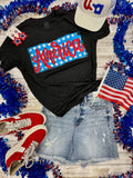 America on Stars in Red Metallic Puff Tee - PLEASE ALLOW 3-5 BUSINESS DAYS FOR SHIPPING