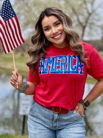 America in Blue Metallic Puff Tee - PLEASE ALLOW 3-5 BUSINESS DAYS FOR SHIPPING