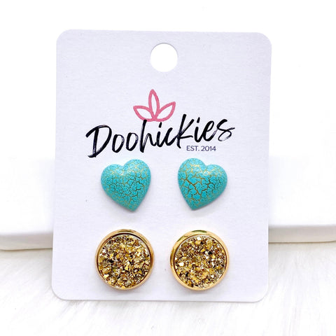 12mm Turquoise Crackle Hearts & Gold in Gold Settings