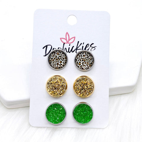 12mm Tan Leopard/Gold/Green Sparkles in Stainless Steel/Gold/Stainless Steel Settings