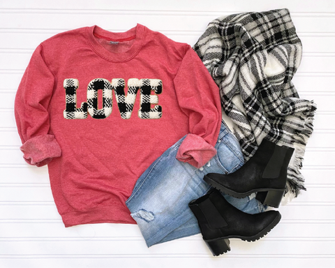 Love Plaid Faux Yarn - UNISEX RED SWEATSHIRT or Tee - PLEASE ALLOW 3-5 BUSINESS DAYS FOR SHIPPING