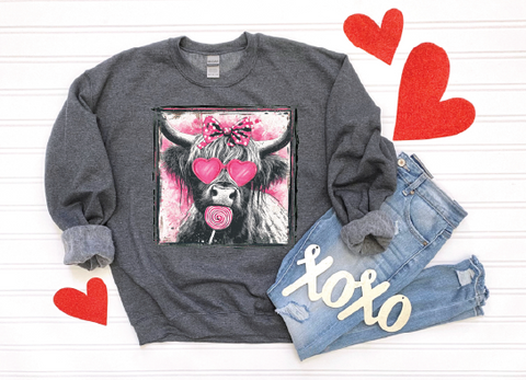 VALENTINE COW- UNISEX DARK HEATHER GREY SWEATSHIRT - PLEASE ALLOW 3-5 BUSINESS DAYS FOR SHIPPING
