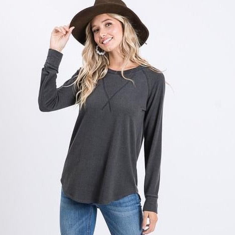 Vintage Charcoal Top Stitch Long Sleeve Top